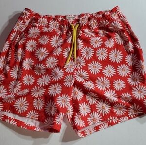 Red Daisy Print Swim Shorts with Yellow Drawstring